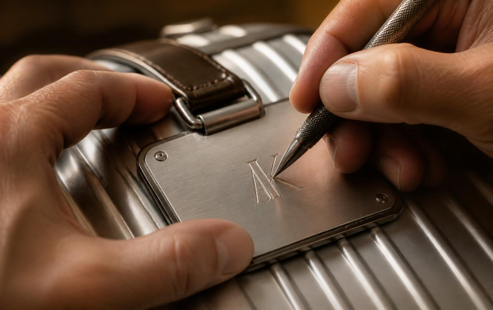 Initials being engraved by hand on a metal name plate
