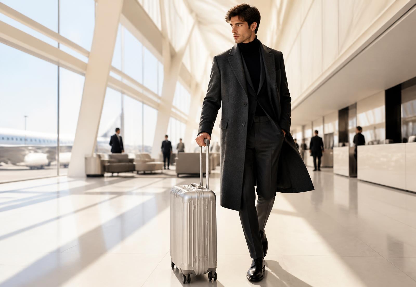 Traveller crossing a sunlit terminal with an aluminium case